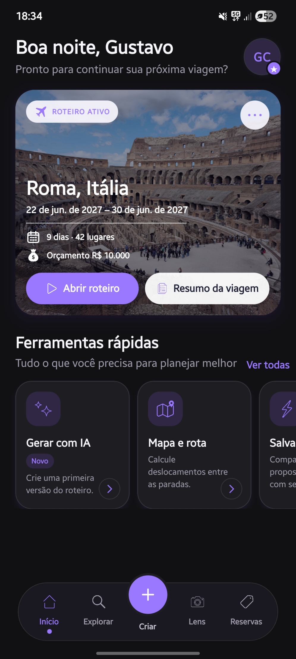Tela inicial atualizada do Vaganto com uma viagem para Roma