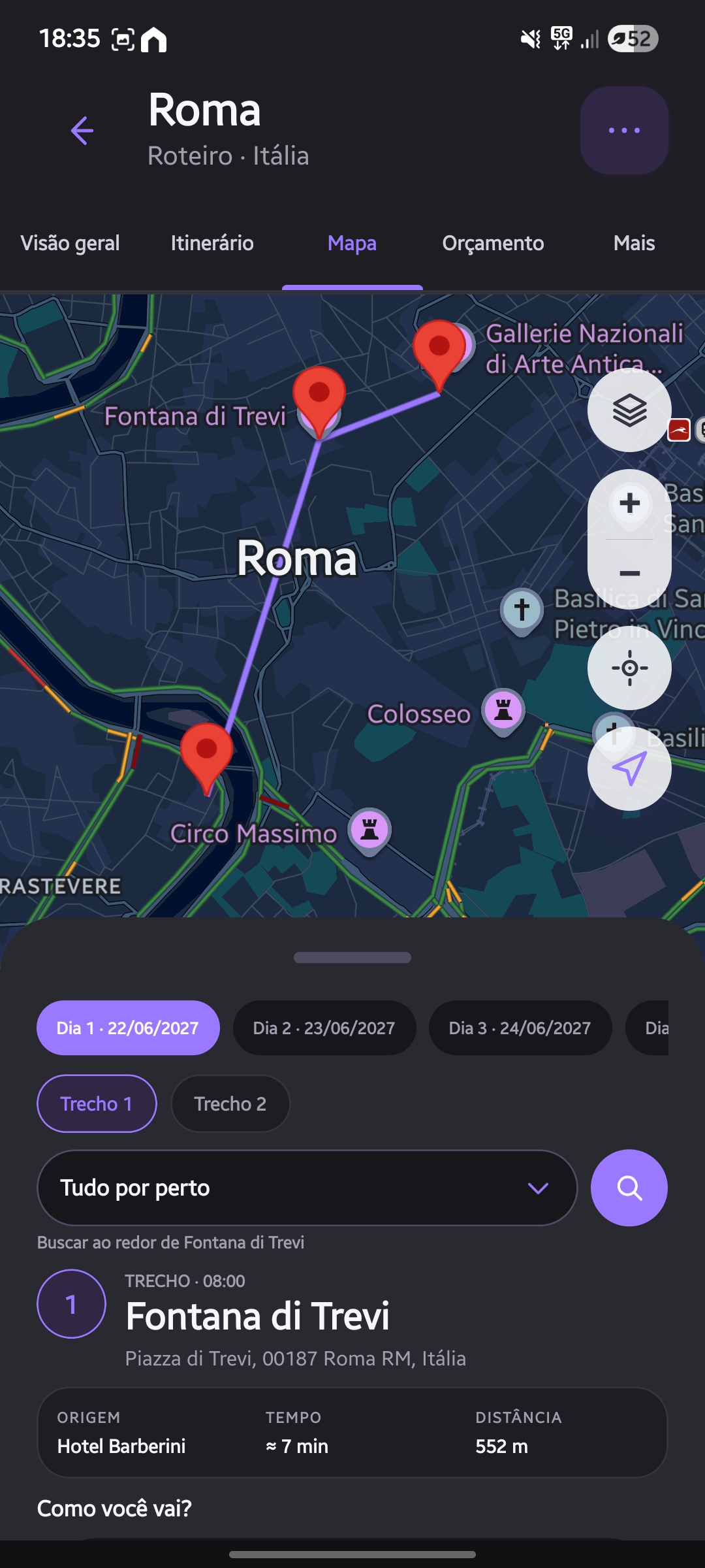 Mapa interativo atualizado do Vaganto com trajeto em Roma
